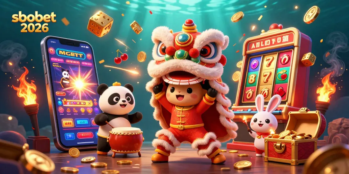 Experience the excitement of sbobet 2026 with 3D lion dance characters amidst casino games, coins, and vibrant visuals.