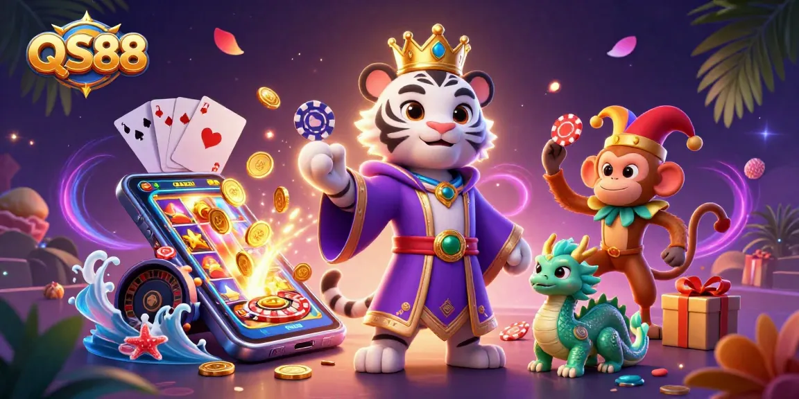 Engage with excitement at QS88, where a whimsical tiger and monkey embrace the thrill of casino adventures.
