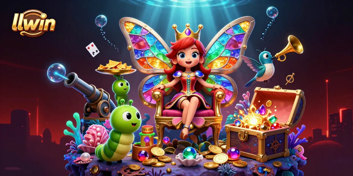 llwin gameplay dynamic illustrated scene featuring a butterfly queen amidst casino elements and glamorous underwater treasures.