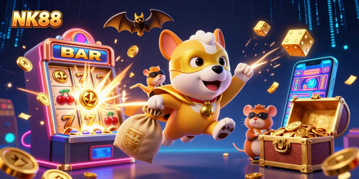 Join NK88 as the superhero dog flies through a vibrant casino world, winning coins and jackpots!
