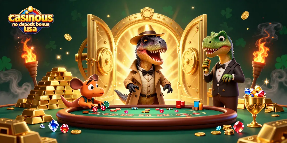Experience the excitement of casinous no deposit bonus usa in a vibrant casino scene with animated dinosaurs.