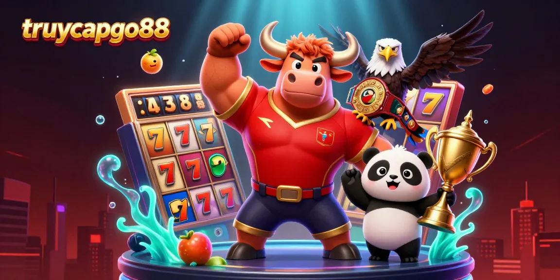 Experience the excitement of truycapgo88 with a vibrant 3D casino scene showcasing a victorious bull mascot and lucky symbols.