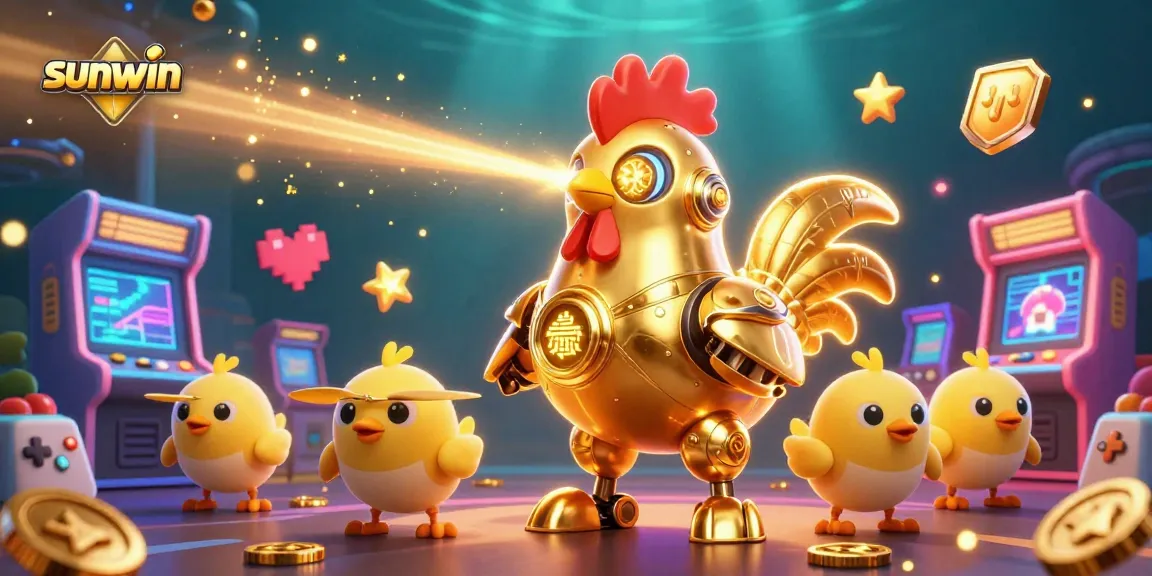Experience lively winnings at sunwin with a gold rooster robot and baby chick drones in a vibrant casino scene.