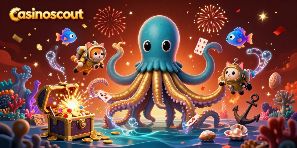 Enjoy thrilling gameplay at casinoscout with kraken, diving cat, and treasure in a vibrant casino scene.