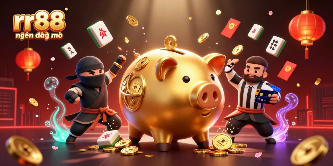 Experience the excitement of rr88 hiện đang mở with an energetic scene of a giant piggy bank sumo wrestler and dynamic gameplay elements.