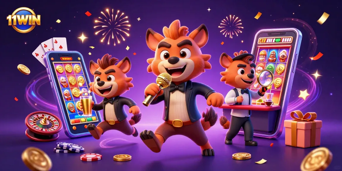 Experience the lively 11WIN comedy casino with hyenas entertaining and mixing drinks amidst vibrant gaming elements.