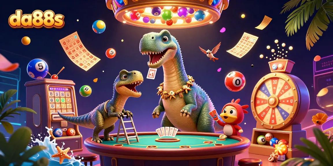 Experience the excitement of da88s as colorful lottery elements burst around a vibrant casino scene.