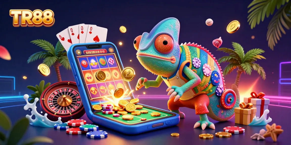 Experience thrilling casino action with TR88's engaging chameleon mascot attracting golden coins and vibrant slot games.