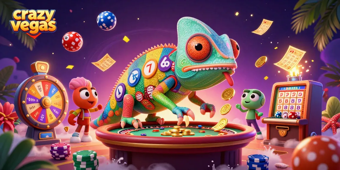 Play at crazyvegas with a lively casino scene featuring a chameleon owner and dynamic gaming elements.
